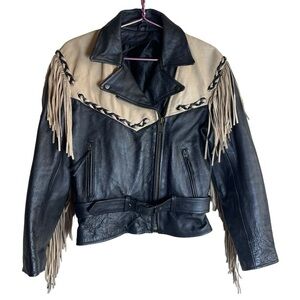 Vintage Unbranded Custom Fringe Suede Leather Motorcycle Jacket Tan Black XS